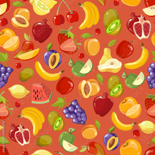 Fototapeta Naklejka Na Ścianę i Meble -  Scattered fruits summer vector seamless pattern