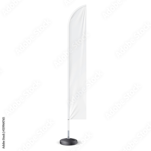 Outdoor Feather Flag With Ground Fillable Water Base Stand. Banner Shield Mock Up, Template. Illustration Isolated On White Background. Ready For Your Design. Product Advertising. Vector