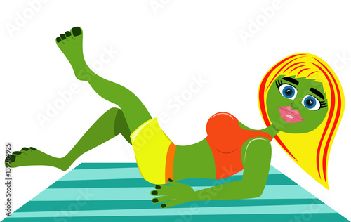 Cartoon attractive monster girl laying on a blanket.