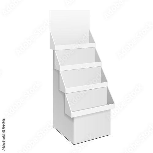 Cardboard Retail Shelves Floor Display Rack For Supermarket Blank Empty With Banner Mock Up. 3D On White Background Isolated. Ready For Your Design. Product Advertising. Vector EPS10