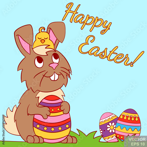 brown Easter doodle Bunny with chicken on head holding ornate easter egg and smiling. cartoon vector illustration