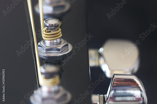 Closeup image of silver tuner post from a guitar.