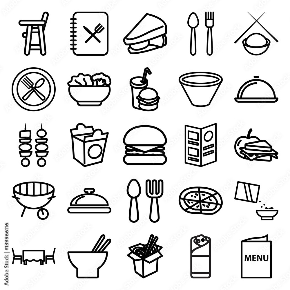 Set of 25 lunch outline icons