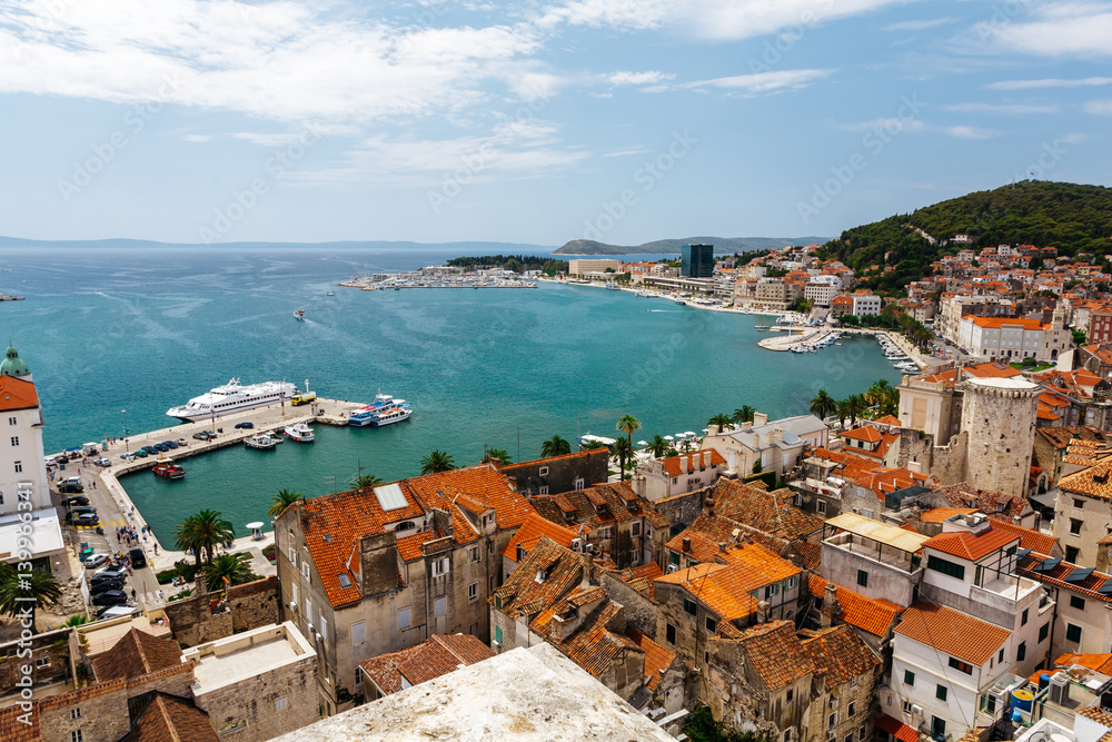 Top view of the historic part of town summer sunny Split, Croatia from Split Cathedral.