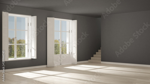 Empty room with windows and stairs  minimalist scandinavian interior design