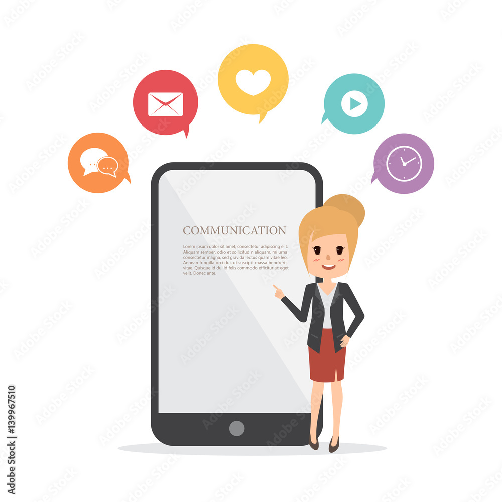 business woman presentation a mobile phone. communication infographic flat design. business woman presentation a mobile phone. communication infographic flat design.