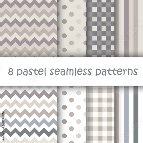Set of Geometric Seamless Patterns with Polka Dot, Square, Stripes and Chevron in pastel spring colors. Perfect for wallpaper, textile, Easter, Valentine, birthday and wedding cards