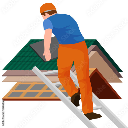 roof construction worker repair home, build structure fixing rooftop tile house with labor equipment, roofer men with work tools in hands outdoors renovation residential vector illustration