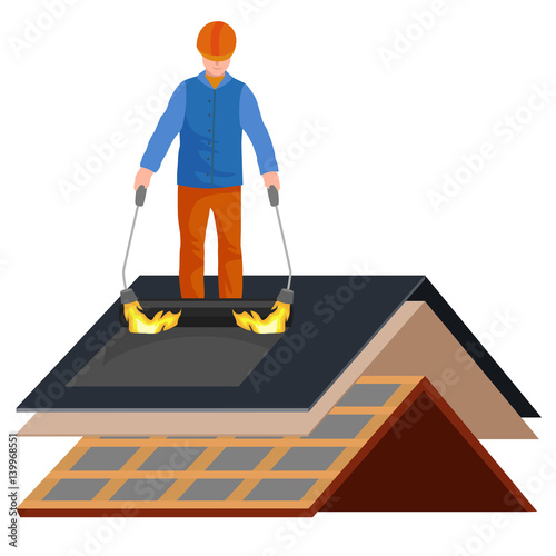 roof construction worker repair home, build structure fixing rooftop tile house with labor equipment, roofer men with work tools in hands outdoors renovation residential vector illustration