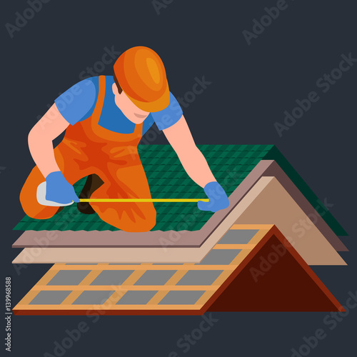roof construction worker repair home, build structure fixing rooftop tile house with labor equipment, roofer men with work tools in hands outdoors renovation residential vector illustration