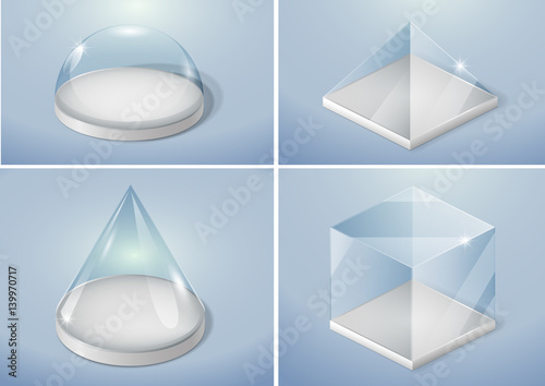 Set of glass forms of a pyramid, a hemisphere and a cube. Vector graphics with transparency effect