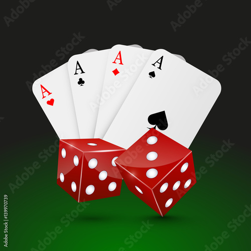 Casino dice and four aces on dark background, vector illustration