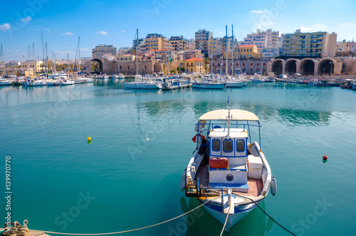 Neoria, old venetian walls of the shipyards at Heraklion with the port,  Crete, Greece. photo