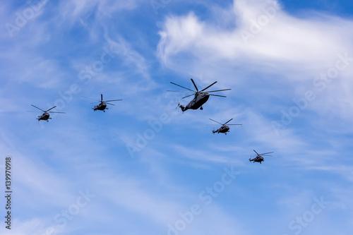 RUSSIA, MOSCOW - MAY 9, 2015: Helicopters Mi-26 and Mi-8. Parade in honor of Victory in the Great Patriotic War in Moscow.