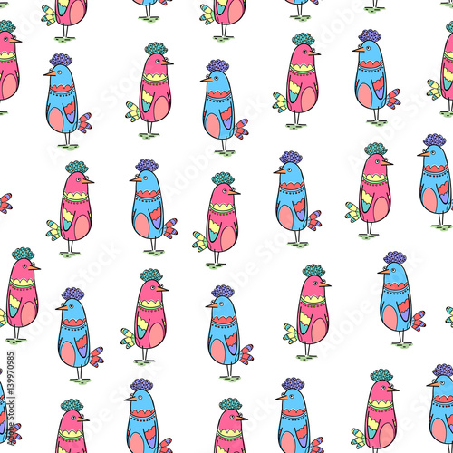 Seamless Pattern of Cute Birds on White Background. Figure for Textiles. Decorative Elements for Postcard Design.