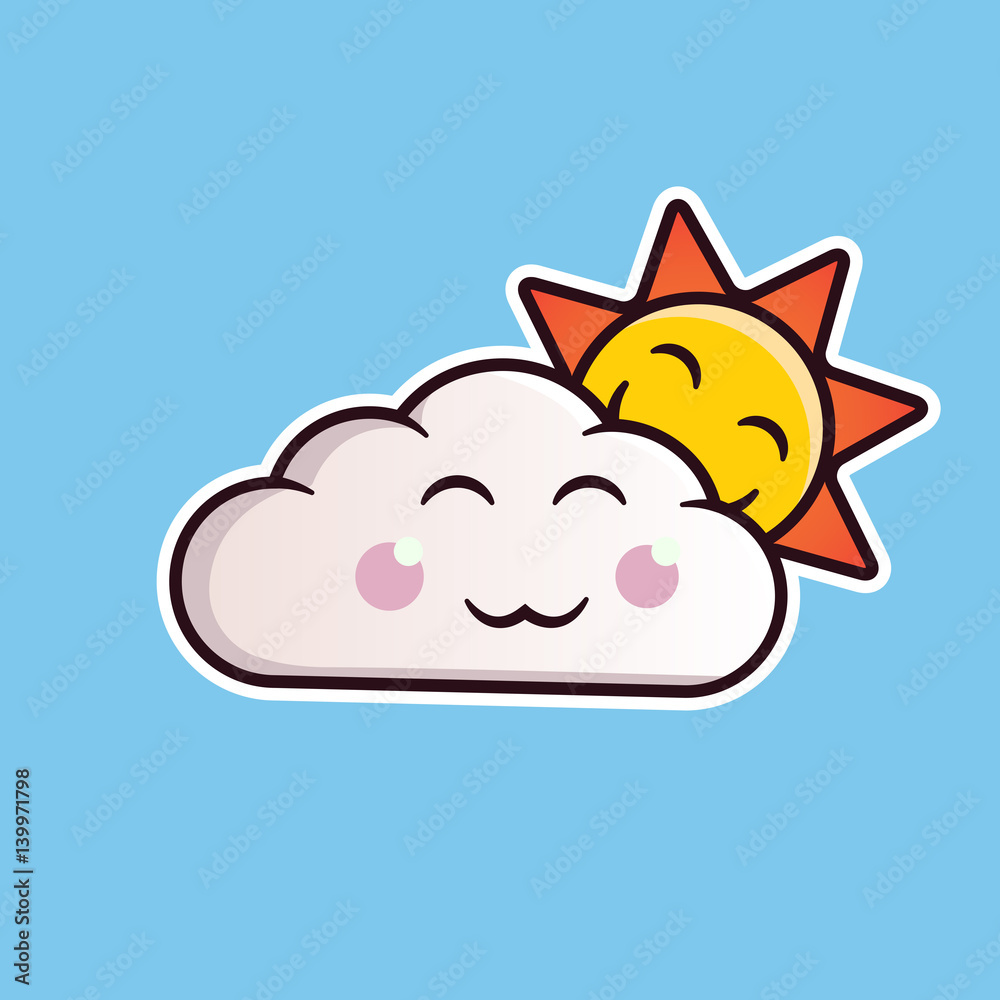 Fototapeta premium Cloud emoticon smiling with the sun. Cute vector emoji. Editable stickers in eps10