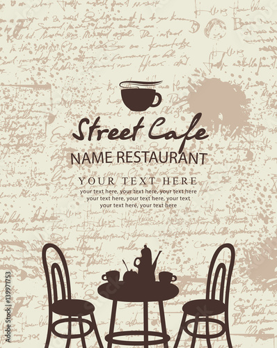 Banner for a street cafe with furniture on the background of the manuscript with blots