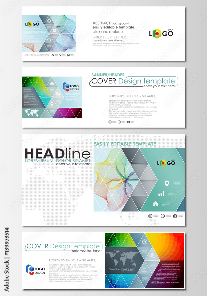 Social media and email headers set, modern banners. Business cover template, easy editable vector, flat layout in popular sizes. Colorful design background with abstract shapes, waves. Overlap effect.