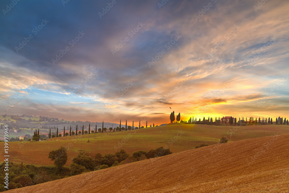 colorful sky at sunset in Tuscany