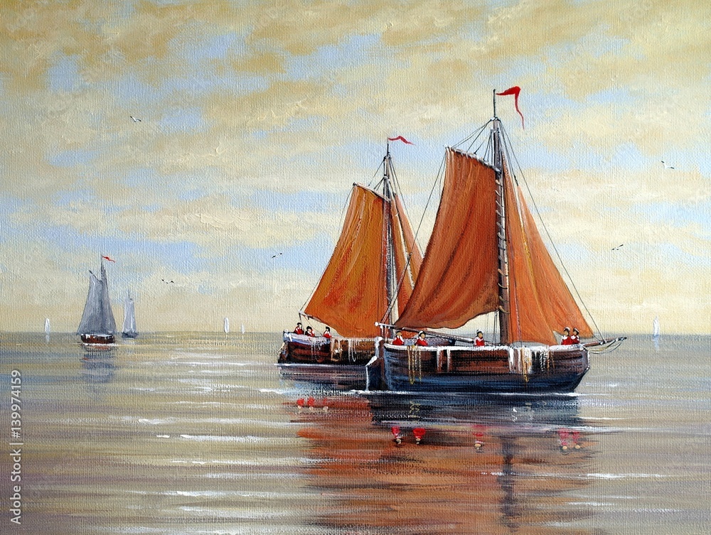 Obraz premium ships, boats, fisherman,oil paintings landscape