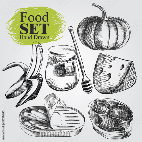 Hand drawn set of different food isolated on white background. Food sketch style vector illustrator.