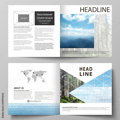 Templates for square design bi fold brochure, flyer. Leaflet cover, vector layout. Colorful background made of triangular or hexagonal texture, travel business, natural landscape in polygonal style