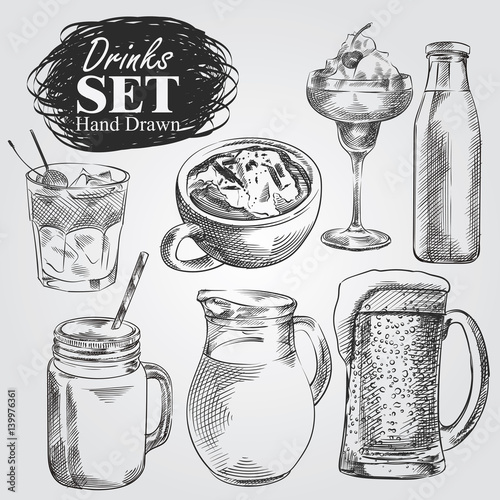 Hand drawn set of different drinks isolated on white background. Cocktail, milk, beer, coffee, smoothie sketch style vector illustrator.
