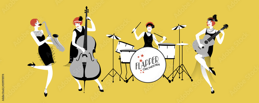 Ladies Jazz Orchestra. Four flapper girls playing music.