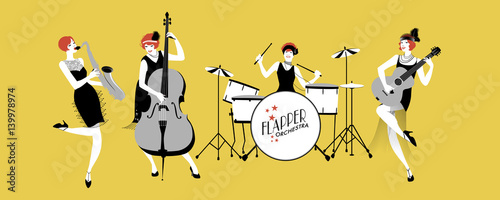 Ladies Jazz Orchestra. Four flapper girls playing music.