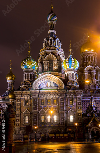 Saint Petersburg, Russia. Temple of the Resurrection of Christ (spas na krovi) by winter night. Orthodox Church monument.