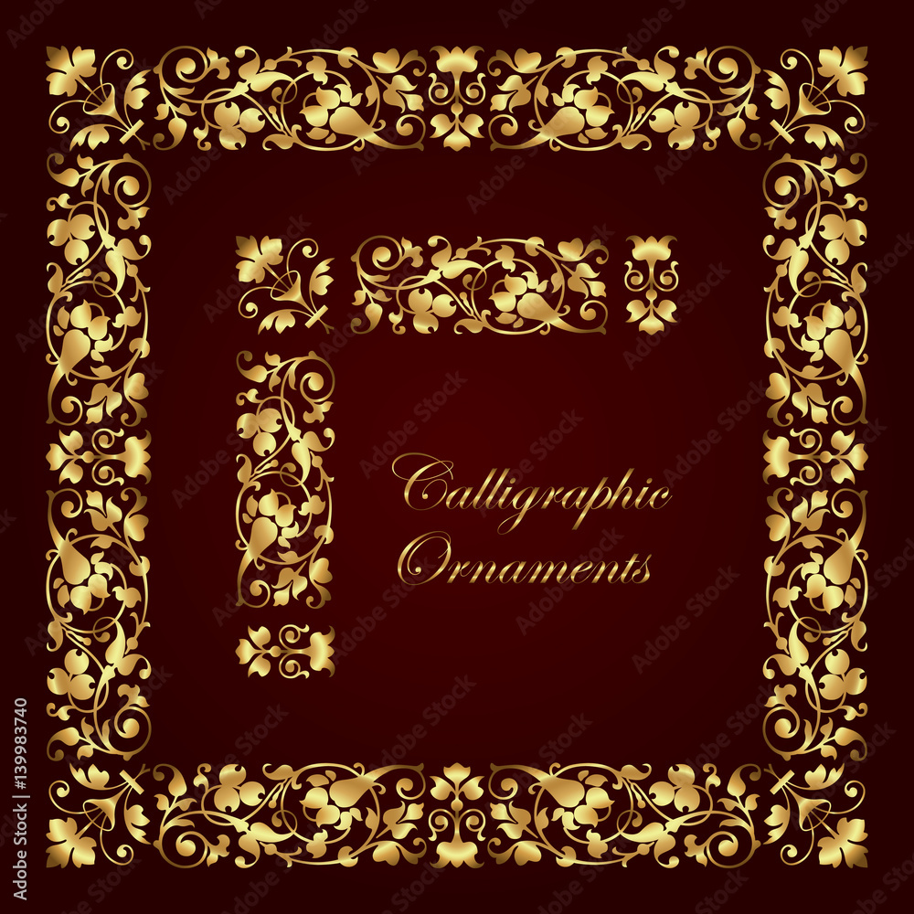 Golden decorative calligraphic ornaments, corners, borders and frames for page decoration and design