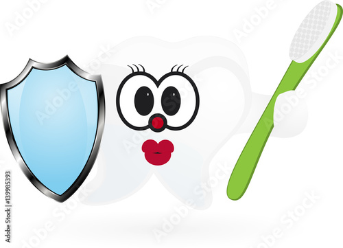 Happy Smiling Tooth With Toothbrush And Shield.