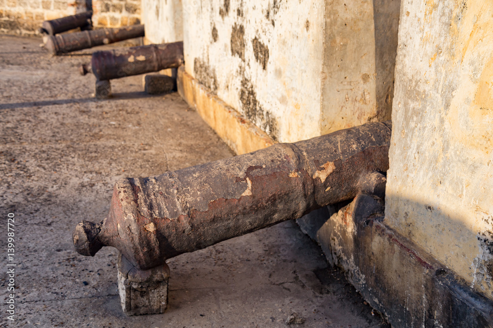 Cannons lined up on the wall that protected Cartagena in the colonial era. Cannons lined up on the wall that protected Cartagena in the colonial era.