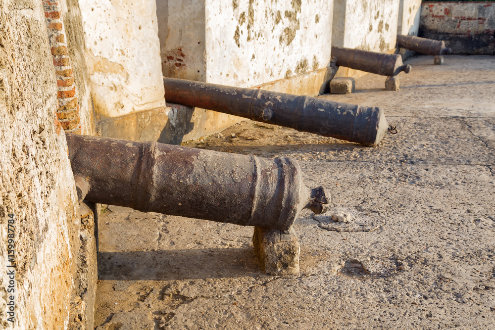 Cannons lined up on the wall that protected Cartagena in the colonial era.