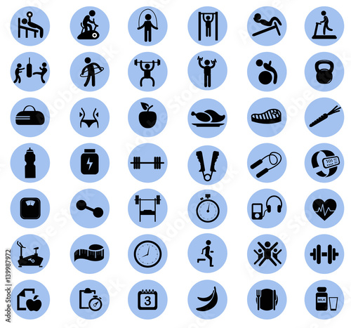 Simple gym icons set. Fitness pictogram black  flat gesign. Set of basic sport and gym elements