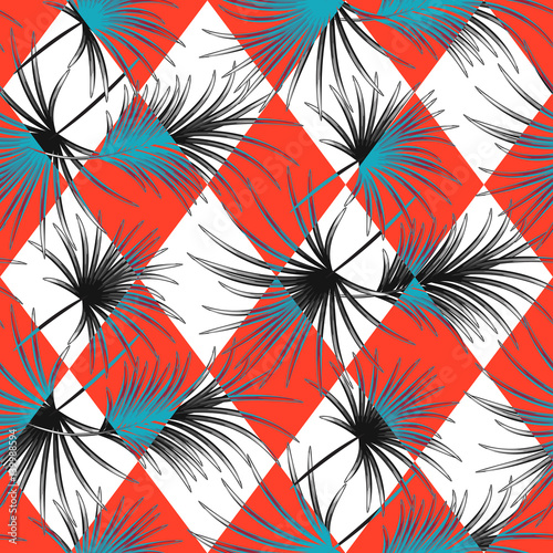 Palm leaves and red harlequin rhombs seamless vector pattern on white background. Tropical jungle nature leaf.
