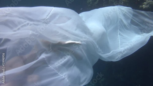 Wallpaper Mural Underwater model young girl free diver in white transparent veil in Red Sea. Filming a movie at camera. Extreme sport in marine landscape, coral reefs, ocean inhabitants. Torontodigital.ca