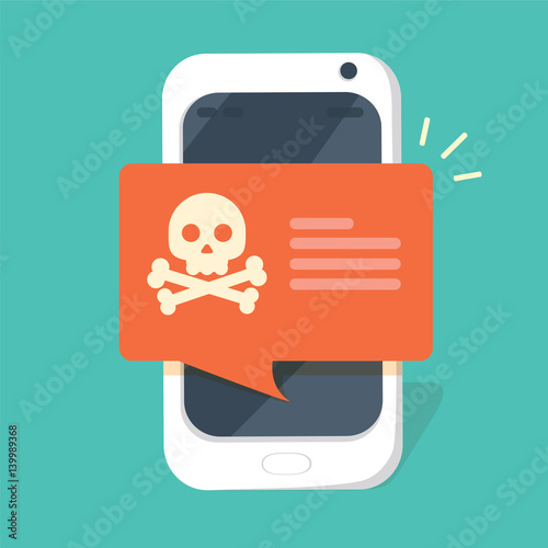 Malware notification on smartphone vector, flat style mobile phone with skull bones bubble speech