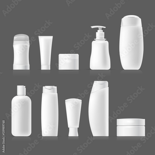 Set vector blank templates of empty and clean white plastic containers: bottles with spray, dispenser, cream jar, tube. Realistic mock-up of cosmetic package. Isolated on gray background.