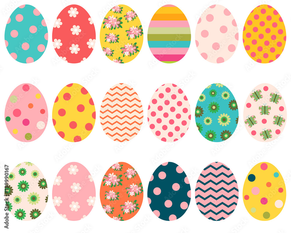 Colorful Easter eggs with flowers, dots and patterns for greeting cards, and egg hunt designs Stock Vector