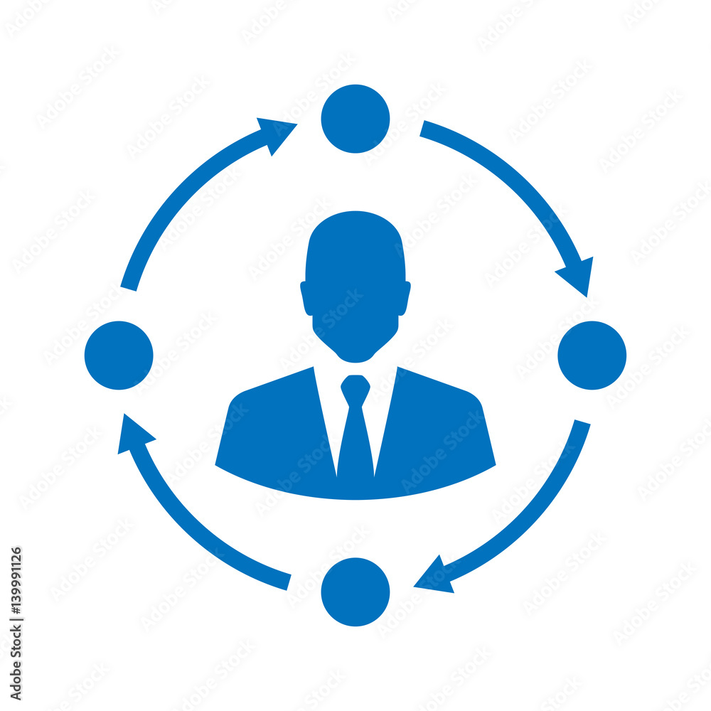 Icono plano hombre en circulo de flechas azul en fondo blanco