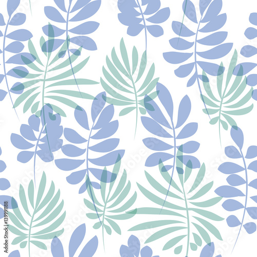 Tender pale blue and green tropical leaves seamless pattern. Decorative summer nature surface design. vector illustration for fabric, print, wrapping paper