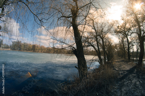 Spring landscape fisheye river on nature sunny