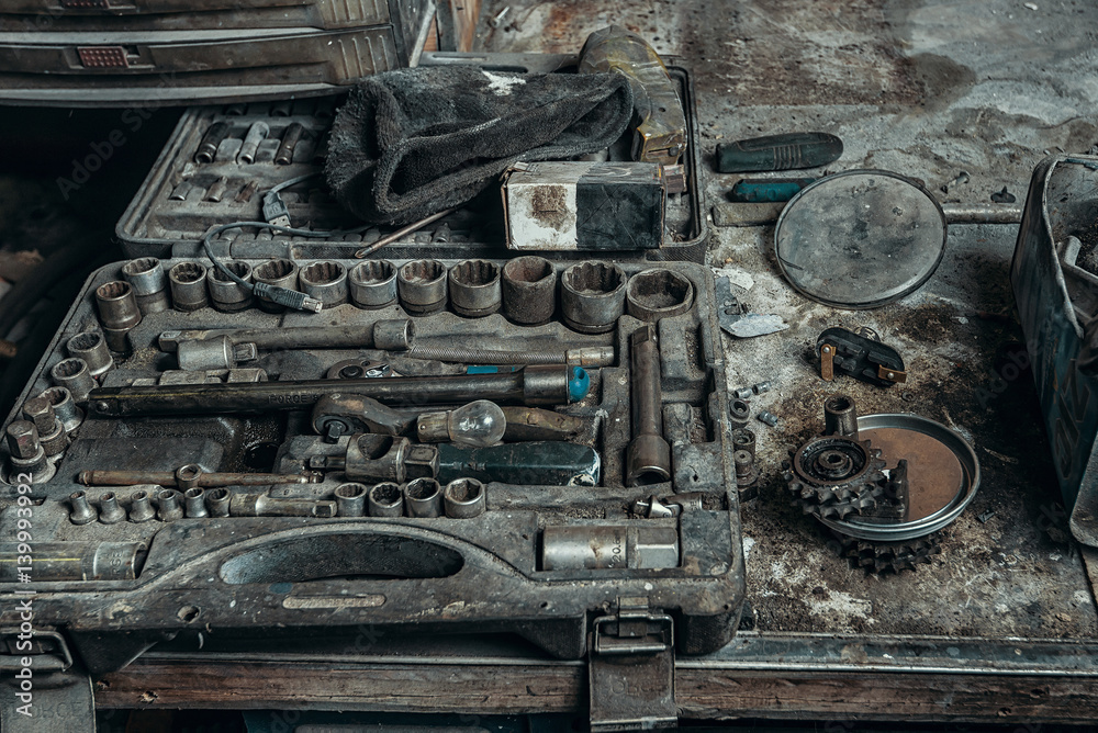 Set of wrenches in a garage Set of wrenches in a garage