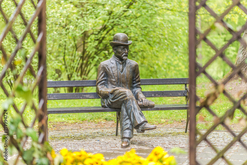 Bench of Boleslaw Prus at Spa park in Naleczow.
