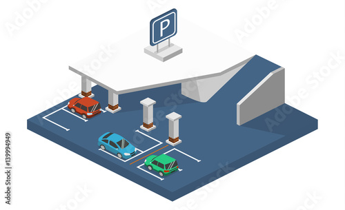 Isometric 3D concept vector illustration front and rear of the car in the underground parking. Urban transport.