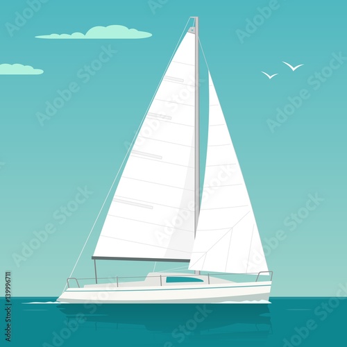 Sailing yacht. Sailboat. Vector drawn flat illustration for yacht club