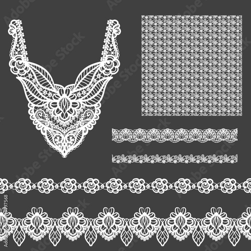 Vector set of decorative lace elements for design and fashion in ethnic indian style. Neckline, seamless, borders and patterns
