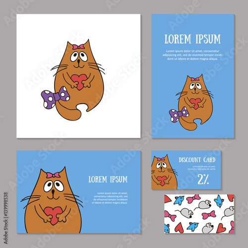 Set of animalistic elements of corporate identity for zoo store, veterinary clinic, shelter. Funny dreaming red cat with bow and heart on blue background. Booklet and discount card, vector