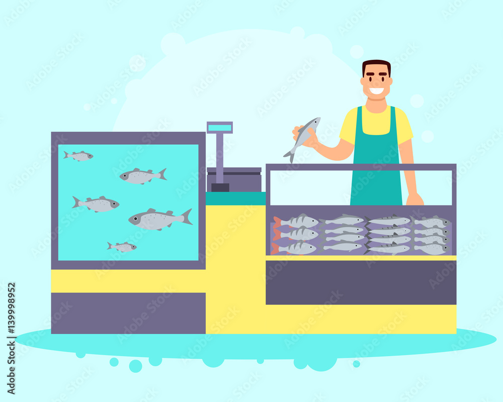 Fish store interior. A happy male seller holds a fish. Vector illustration